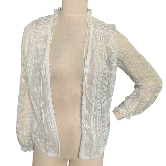 Sheer White Embroidered Faux-Pearl Button Down Blouse 112L - Picture 5 of 7